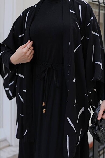 QUAWEAR Relaxed Fit Short Sleeve Patterned Kimono with Lace-Up Waist Skirt Set of Two