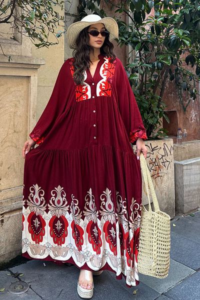AYASOFYA OTANTIK Women's Burgundy Buttoned Placket Collar Ethnic Authentic Patterned Balloon Sleeve Loose Long Dress