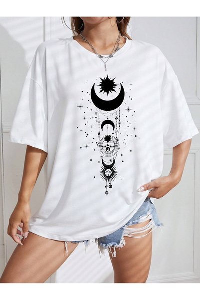 beeton Moon Sun T-Shirt - White Printed Oversize Crew Neck Short Sleeve T-Shirt