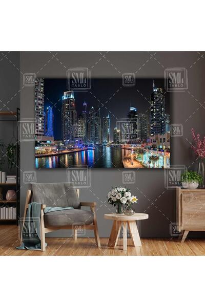 SML TABLO Gece Şehir Işıkları Altında Dubai Manzarası City Göl Yatay Kanvas T...