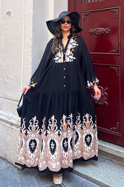 AYASOFYA OTANTIK Women's Black Buttoned Placket Collar Ethnic Authentic Patterned Balloon Sleeve Loose Long Dress