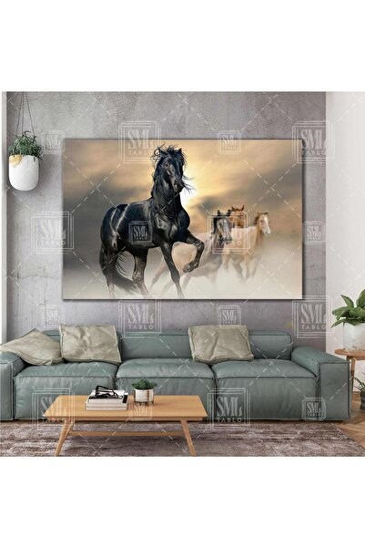 SML TABLO Koşan Atlar Siyah At Asalet Manzara Hayvan Yatay Kanvas Tablo