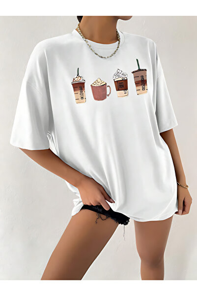 BEETON Μπλουζάκι Coffee Single Jersey Oversize - Λευκό εμπριμέ, λαιμόκοψη, κο...