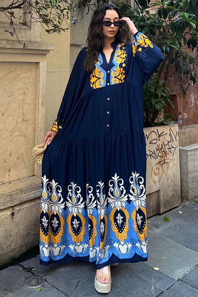 AYASOFYA OTANTIK Women's Navy Blue Buttoned Placket Collar Ethnic Authentic Patterned Balloon Sleeve Loose Long Dress