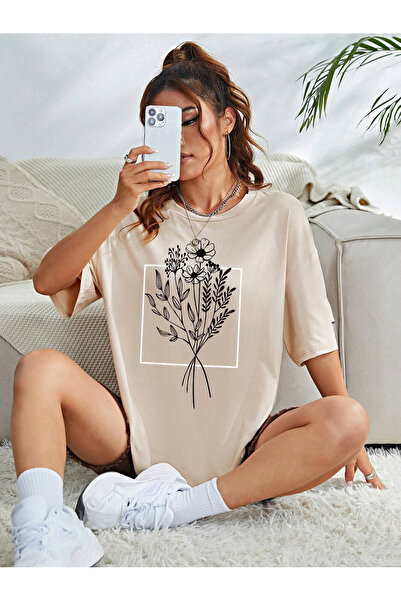 BEETON تي شيرت بأنماط الأزهار - تي شيرت بأكمام قصيرة ورقبة دائرية كبيرة الحجم...