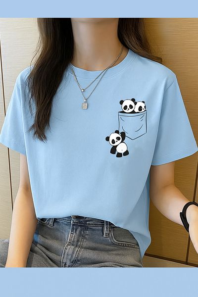 Boi Tricou de damă unisex oversize din bumbac pieptănat Panda Pocket Mini Design Tricou de damă cu mânecă scurtă