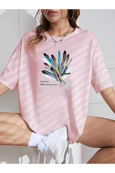 BEETON Πολύχρωμο μπλουζάκι Unisex Oversize με μοτίβο με πούπουλα - Crew Neck, κοντό μανίκι