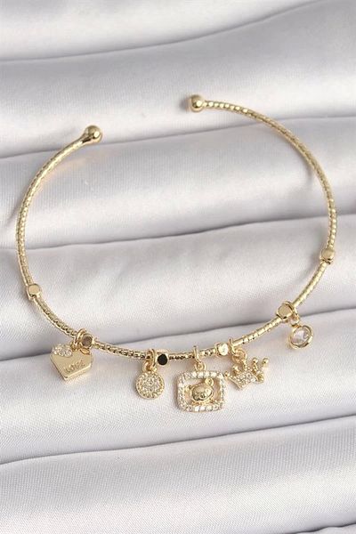 Clariss Brass Gold Color Hanging Zircon Stone Teddy Bear Figure Crown Detail Charm Women's Bracelet