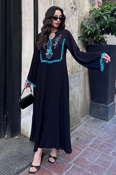 AYASOFYA OTANTIK Women's Black Lace up Placket Collar Ethnic Sequin Embroidery Processing and Pompom Detailed Long Sleeve Long Dress
