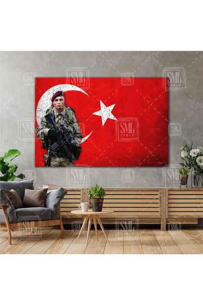 SML TABLO Türk Askeri Türk Bayrağı Bordo Bereli Ay Yıldız Yatay Kanvas Tablo