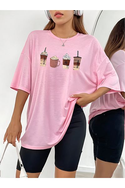 BEETON Μπλουζάκι Coffee Single Jersey Oversize - Ροζ στάμπα, λαιμόκοψη, κοντό μανίκι