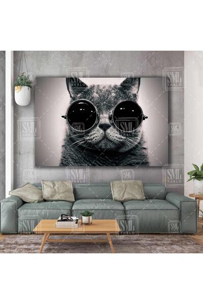 SML TABLO Siyah Gözlük Takmış Karizma Kedi Hayvan Dekor Yatay Kanvas Tablo
