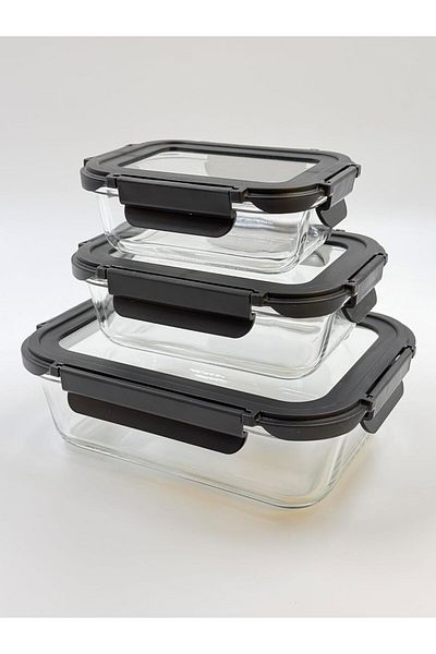 STOREMAX Elz Set of 3 Glass Storage Containers with Gaskets – 370 Ml, 600 ml and 1500 ml – Leakproof Locking Lid