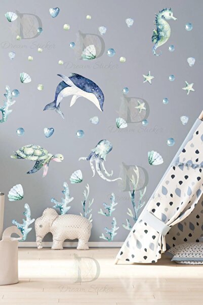 KT Decor Set de autocolante de perete cu lumina subacvatică, delfini, meduze, țestoase și meduze
