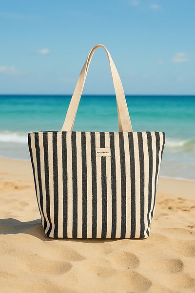 Marina Navy Blue Striped Beach Bag Cotton Fabric Ca2503-2