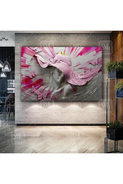 SML TABLO Pembe Şapkalı Mermer Kadın Dekor Modern Sanat Yatay Kanvas Tablo