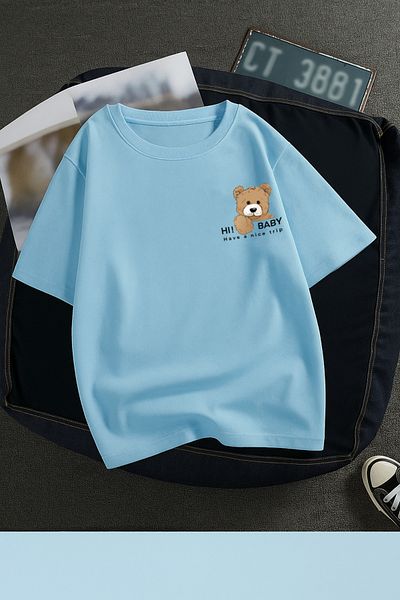 Boi Tricou largi, cu buzunar, cu ursuleț de pluș - Negru, alb, cu mânecă scurtă, decolteu, colorat
