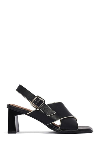Derimod Women's Black Ankle Buckle Thick Heeled Leather Sandals 25Sfd 131118