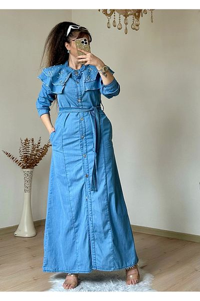 azra moda Rochie de blugi cu guler prințesă Albastru deschis