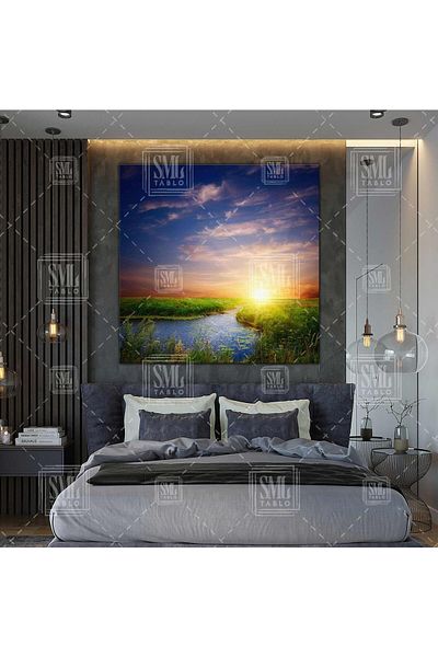 SML TABLO Sunset Stream Nature Reeds Πράσινο τοπίο Τετράγωνο ζωγραφική σε καμβά