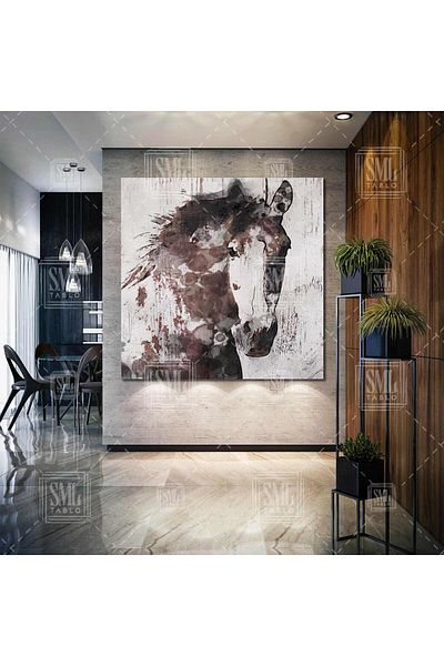 SML TABLO Ακουαρέλα εφέ καφέ λευκό άλογο Nobility Animal Decor Τετράγωνος πίνακας σε καμβά