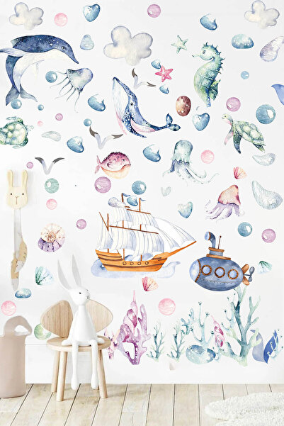 KT Decor Set de autocolante de perete Mega cu lăsători, submarin, balenă, pești din lumea subacvatică