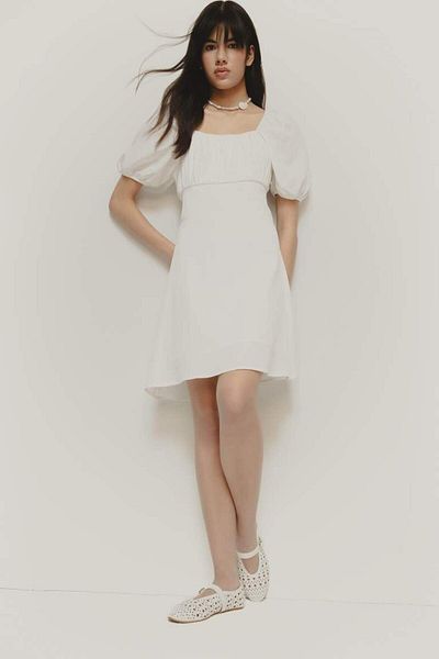 DeFacto New Season A-Line Square Neck Linen Short Sleeve Midi Dress