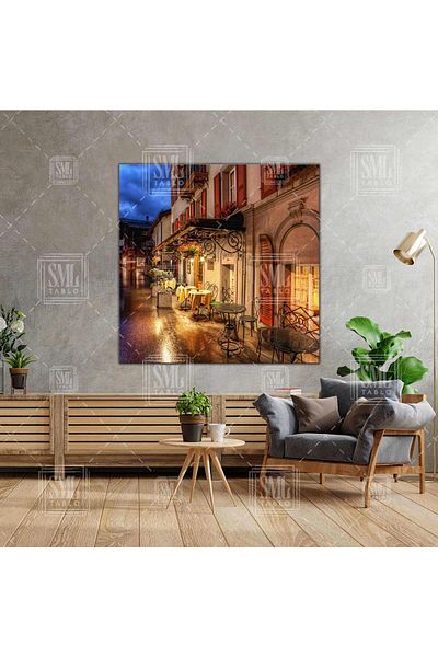 SML TABLO Boutique Cafe Street Lamp Night Light Stone Houses Τετράγωνος πίνακας σε καμβά