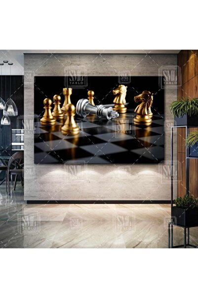 SML TABLO Altın Gümüş Satranç Dekor Chess Yatay Kanvas Tablo