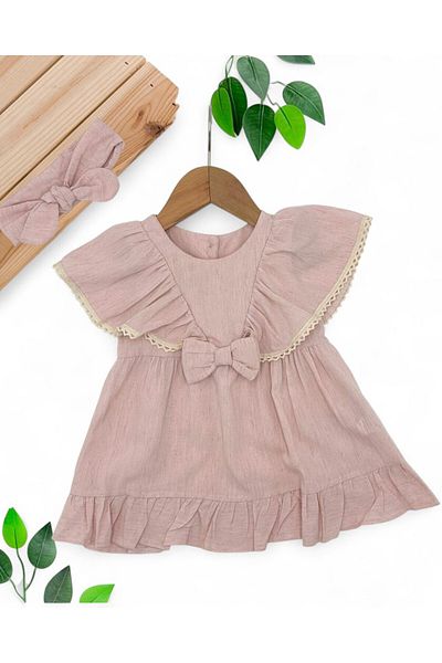 VOY KİDS Baby Girl Soft Thin Linen Summer 3-6-9-12-18 Months Angel Dress and Headband / Bandanania Dress