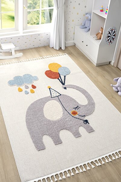 Eliz Home Yumuşak Renkli Bukleli Fil Balon Figürlü Dokuma Halı Bebek Odası Ço...