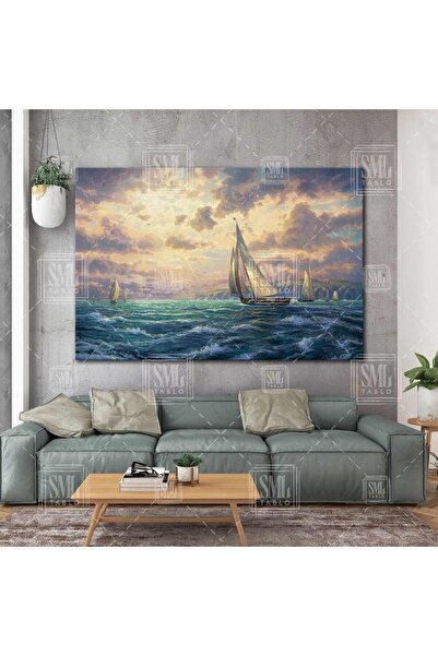 SML TABLO Οριζόντια ζωγραφική σε καμβά με πλοίο που κυματίζει μεταξύ των κυμάτων
