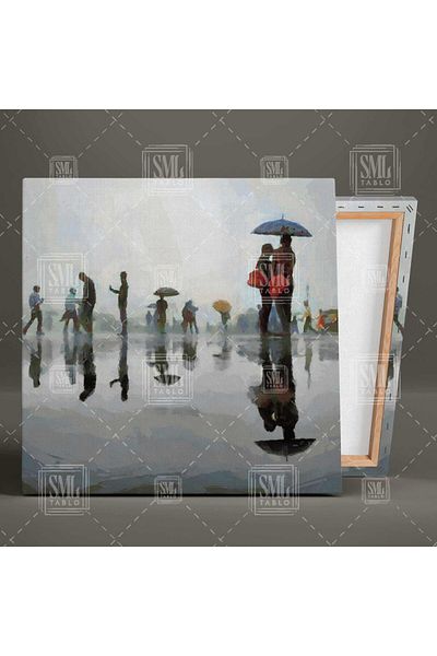 SML TABLO Ζευγάρι κάτω από την ομπρέλα Rain City Landscape Reflection Abstract τετράγωνος πίνακας σε καμβά