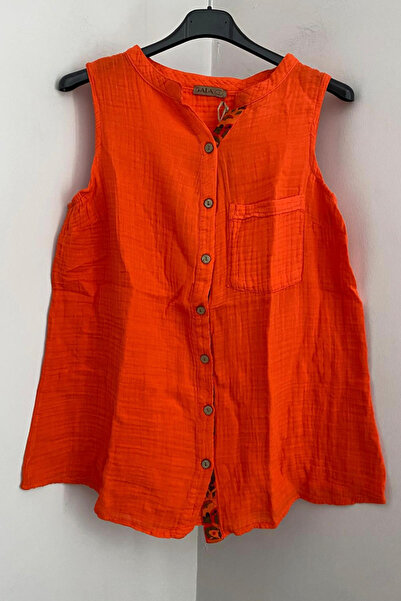 AYASOFYA OTANTIK Жіноча помаранчева блуза з ґудзиками на комірі та кишенями, ...