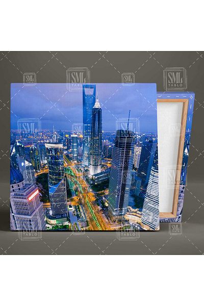 SML TABLO City Skyscrapers Night Lights City Landscape Τετράγωνος πίνακας σε καμβά