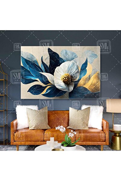 SML TABLO Gold Ve Lacivert Yapraklar Beyaz Çiçek Dekoratif Yatay Kanvas Tablo