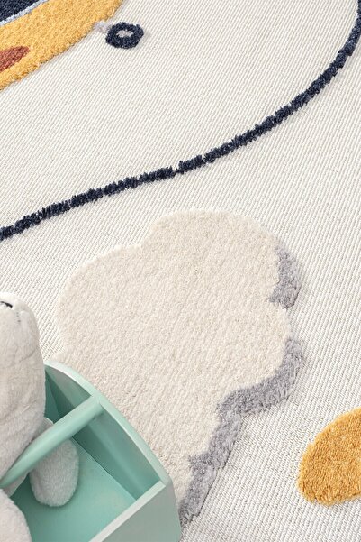 Eliz Home Yumuşak Renkli Bukleli Uçak Figürlü Dokuma Halı Bebek Odası Çocuk Odası Genç Odası Halısı 7