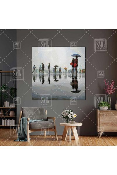 SML TABLO Ζευγάρι κάτω από την ομπρέλα Rain City Landscape Reflection Abstract τετράγωνος πίνακας σε καμβά