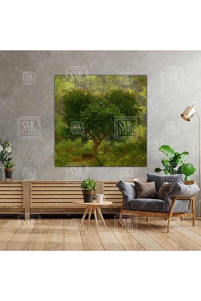 SML TABLO Green Tree Forest House Nature Landscape Τετράγωνος καμβάς