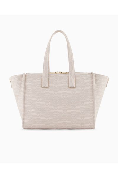 Emporio Armani Women's All-Monogram Logo Adjustable and Detachable Shoulder Strap Medium Size Jacquard Canvas Beige