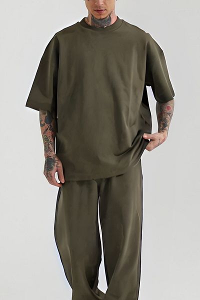 ruNadeS Men's Summer Short Sleeve Oversize Khaki Two Thread Tracksuit Set