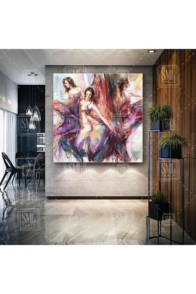 SML TABLO Τρεις γυναίκες με ροζ αποχρώσεις Flying Satin Dress Fashion Square Canvas Painting