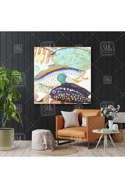 SML TABLO Ψάρια σε έγχρωμο ενυδρείο Akvarist Square Canvas Painting