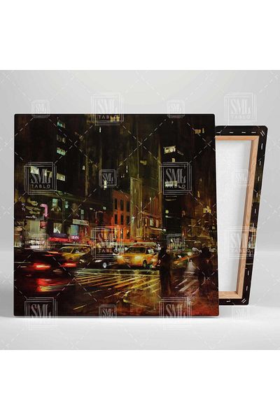 SML TABLO Αφηρημένη νυχτερινή πόλη Φώτα τοπίου City Street Cars Τετράγωνος πίνακας σε καμβά