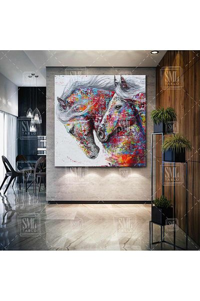 SML TABLO Πολύχρωμο Running Horses Nobility Love Decor Τετράγωνος πίνακας σε καμβά