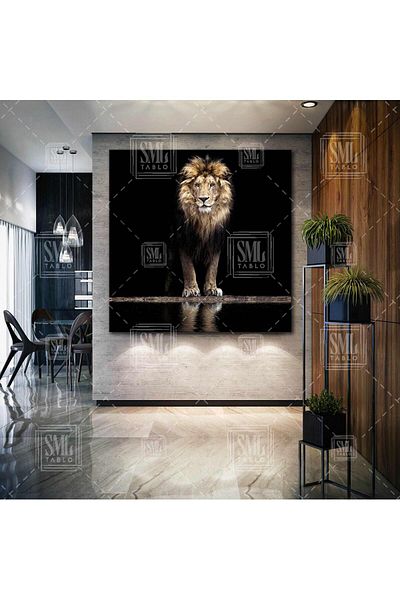 SML TABLO Τέχνη σε καμβά τετράγωνο Wild Lion and Reflection Nobility κοντά στο νερό