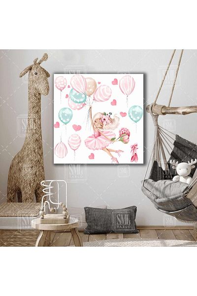 SML TABLO Fată care zboară într-o rochie roz cu baloane Personaj de desene animate Decor camera copiilor Pictură pătrată pe pânză
