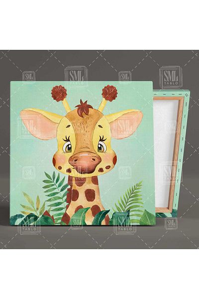 SML TABLO Baby Giraffe Tropical Plants Πράσινο φόντο Βρεφικό δωμάτιο Καμβάς Τετράγωνος πίνακας καμβά