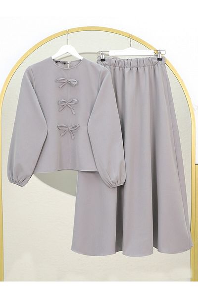 Modamorfo Bow Detailed Elastic Sleeve Skirt Suit - Gray