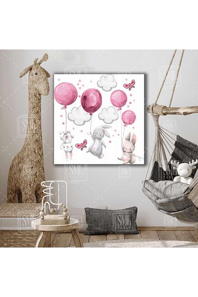 SML TABLO Flying Bunny Cubs Pink Balloon Χαρακτήρας κινουμένων σχεδίων Διακόσμηση παιδικού δωματίου Τετράγωνος πίνακας σε καμβά